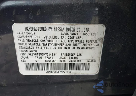 2007 Infiniti G35 Sport from USA, damaged, VIN JNKBV61E57M721469